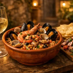 Ciotola di fregula sarda con frutti di mare, pane carasau e vino bianco Vermentino.