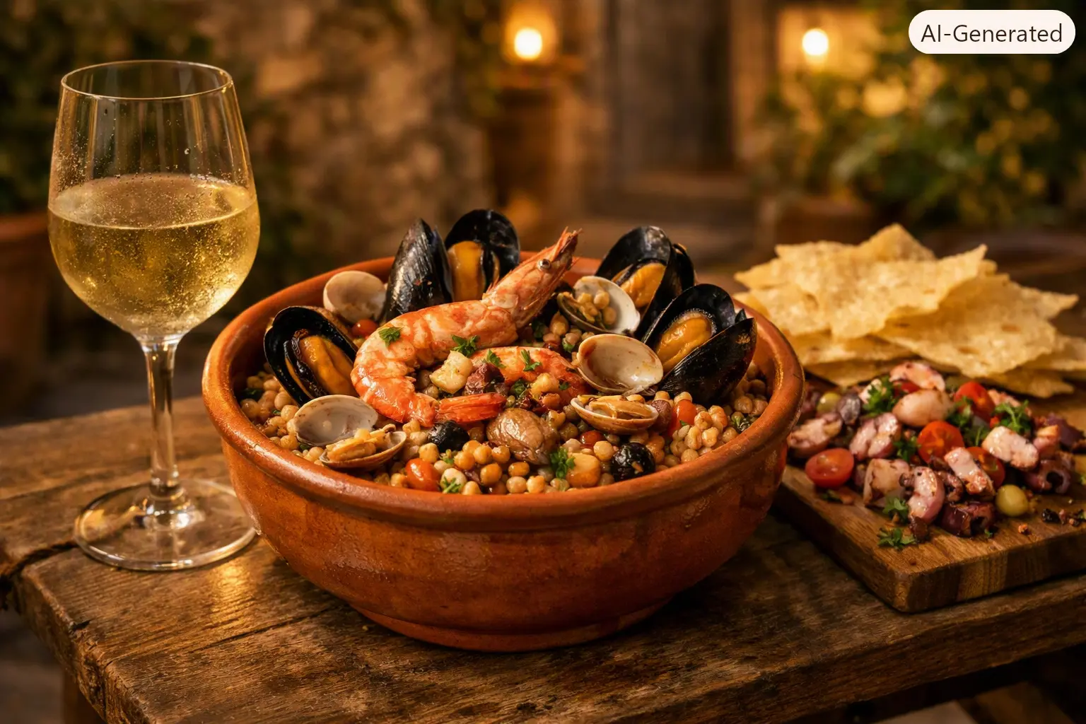 Ciotola di fregula sarda con frutti di mare, pane carasau e vino bianco Vermentino.