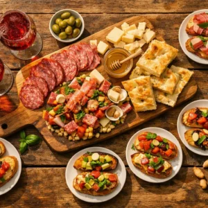 Aperitivo italiano con salame, Grana Padano, focaccia, bruschette e vino rosso frizzante su tavolo rustico.
