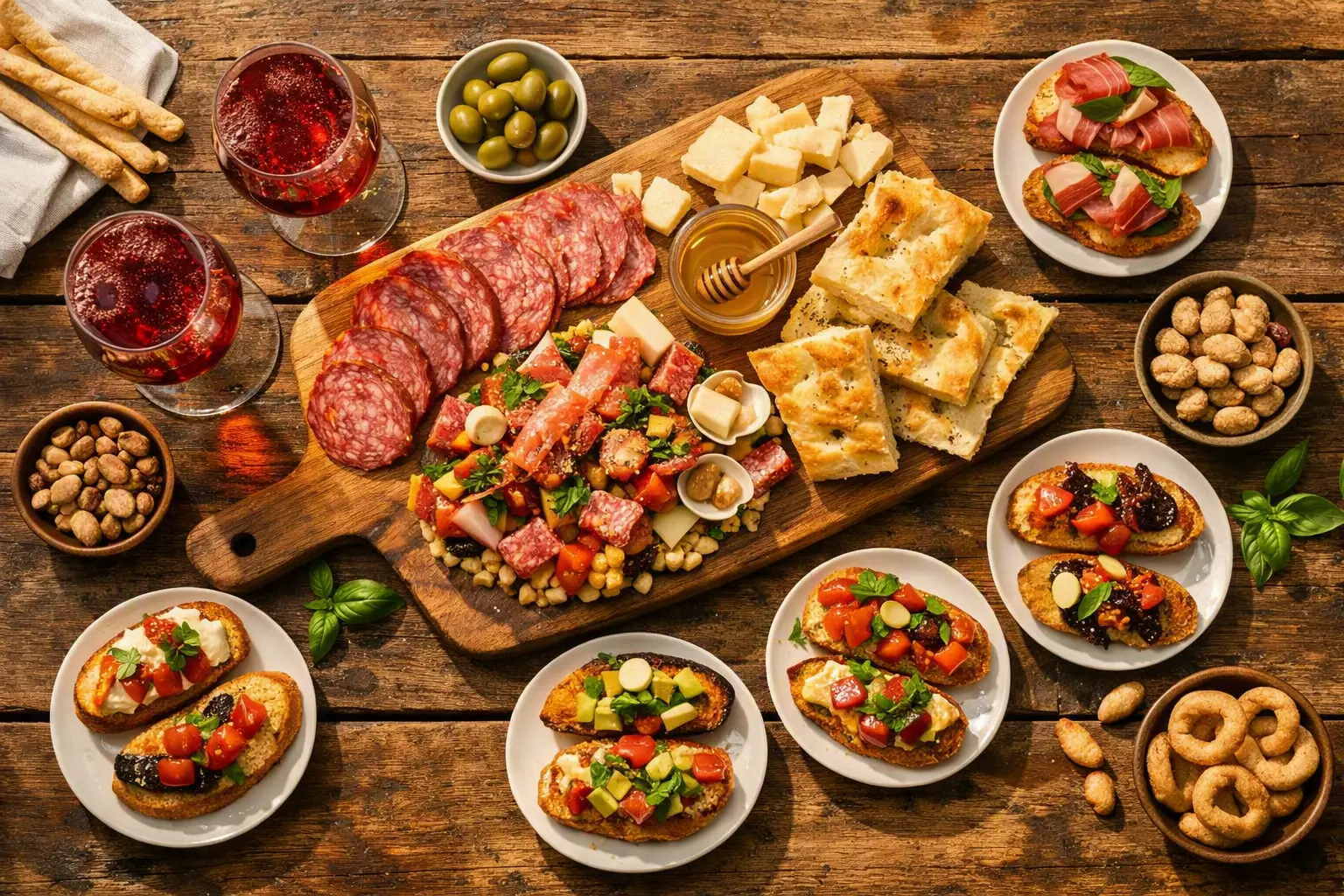 Aperitivo italiano con salame, Grana Padano, focaccia, bruschette e vino rosso frizzante su tavolo rustico.