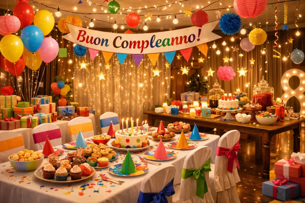 Sala del Circolo Culturale Sardo Logudoro di Pavia addobbata per festa di compleanno con tavoli, luci e decorazioni colorate.