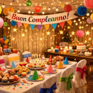 Sala del Circolo Culturale Sardo Logudoro di Pavia addobbata per festa di compleanno con tavoli, luci e decorazioni colorate.