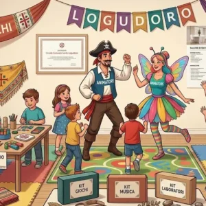 Animatori che intrattengono bambini con giochi, musica e laboratori creativi durante una festa.