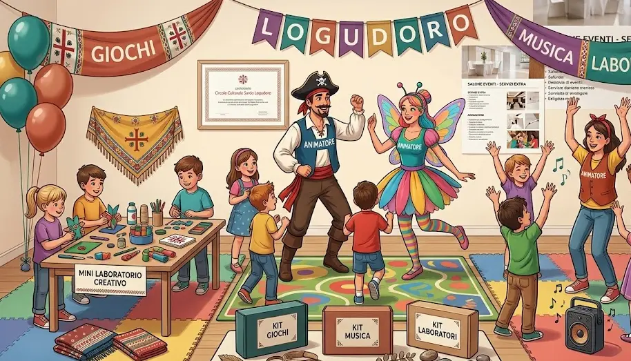 Animatori che intrattengono bambini con giochi, musica e laboratori creativi durante una festa.