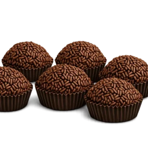 Brigadeiros brasiliani al cioccolato disposti in arco su sfondo trasparente, tutti ricoperti di granella di cioccolato.