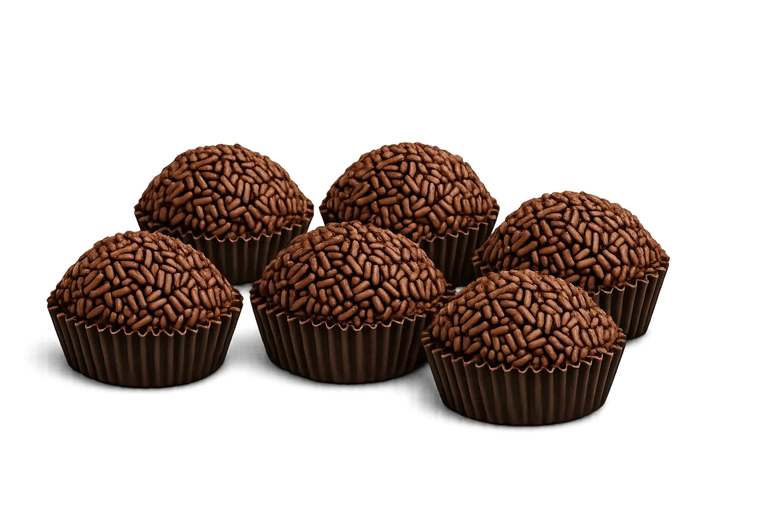 Brigadeiros brasiliani al cioccolato disposti in arco su sfondo trasparente, tutti ricoperti di granella di cioccolato.