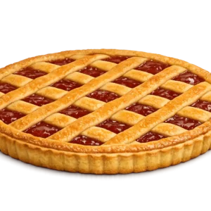 Crostata di marmellata con intreccio di pasta frolla dorata su sfondo trasparente.