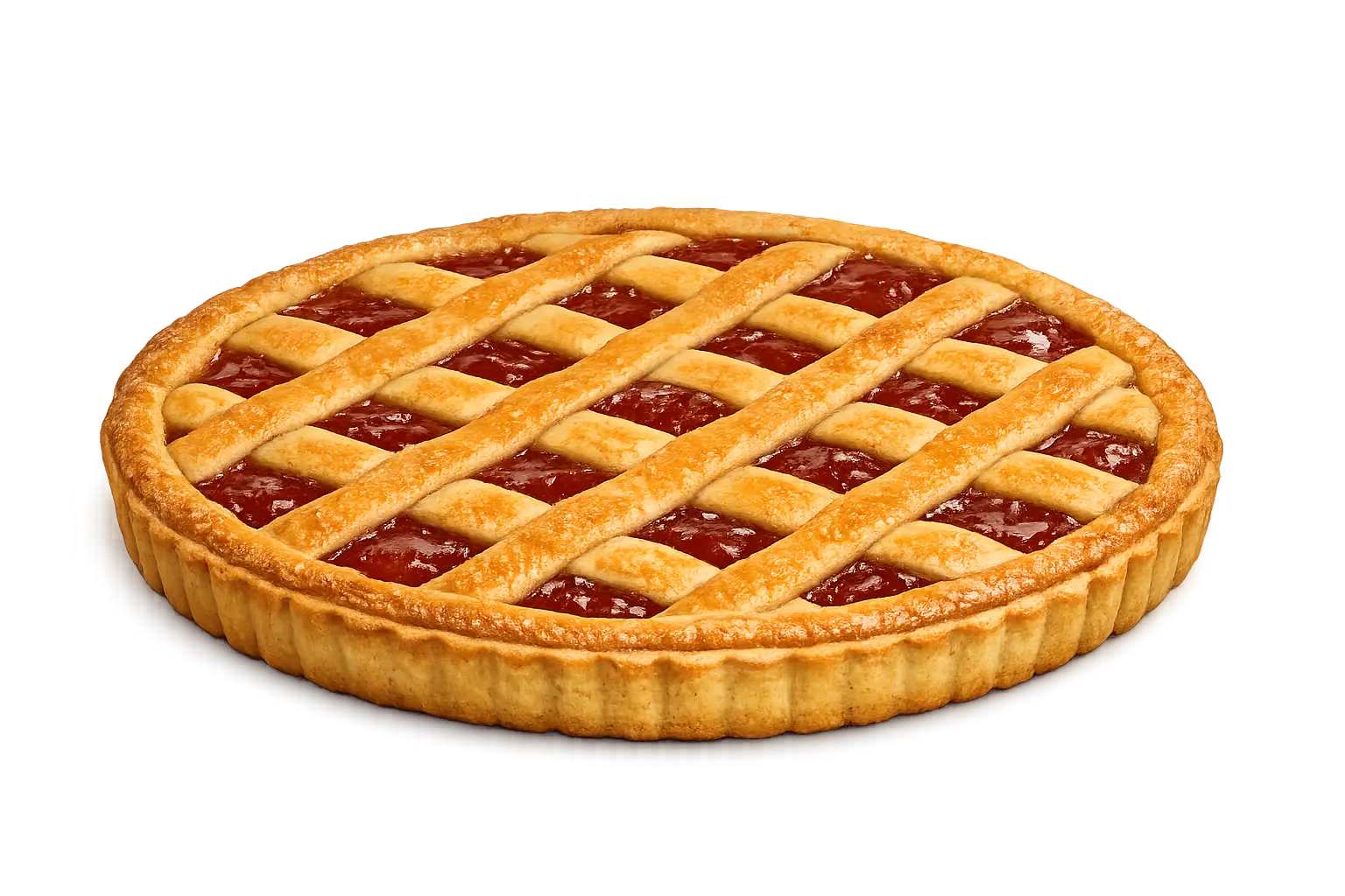 Crostata di marmellata con intreccio di pasta frolla dorata su sfondo trasparente.