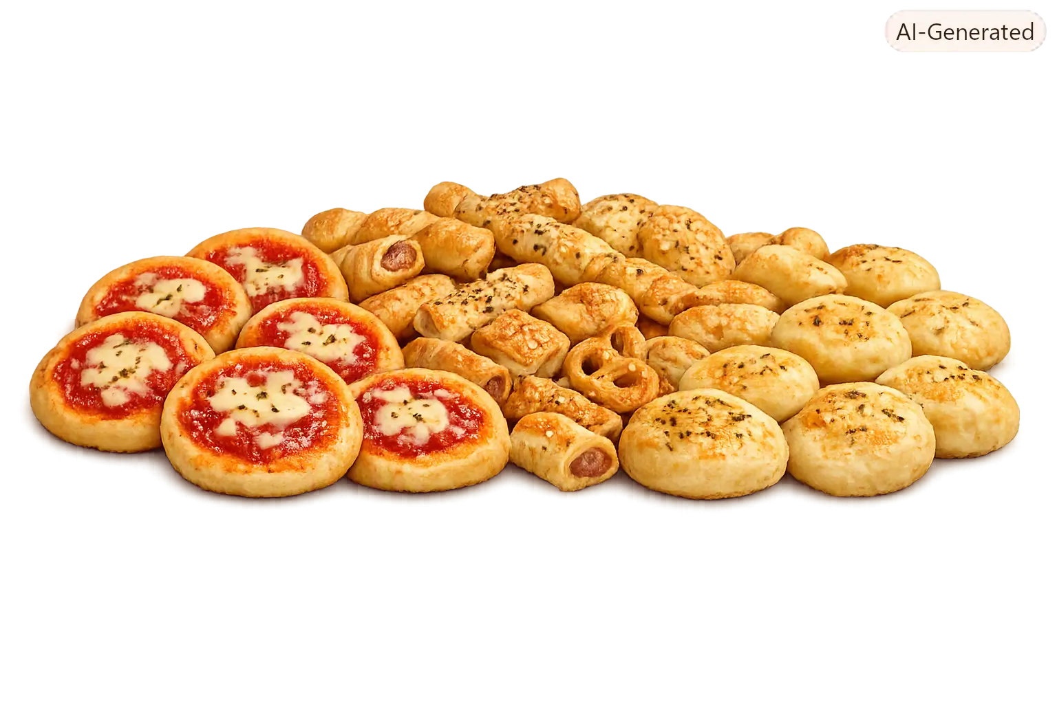 Assortimento di pizzette, salatini e focaccine dorate su sfondo trasparente.